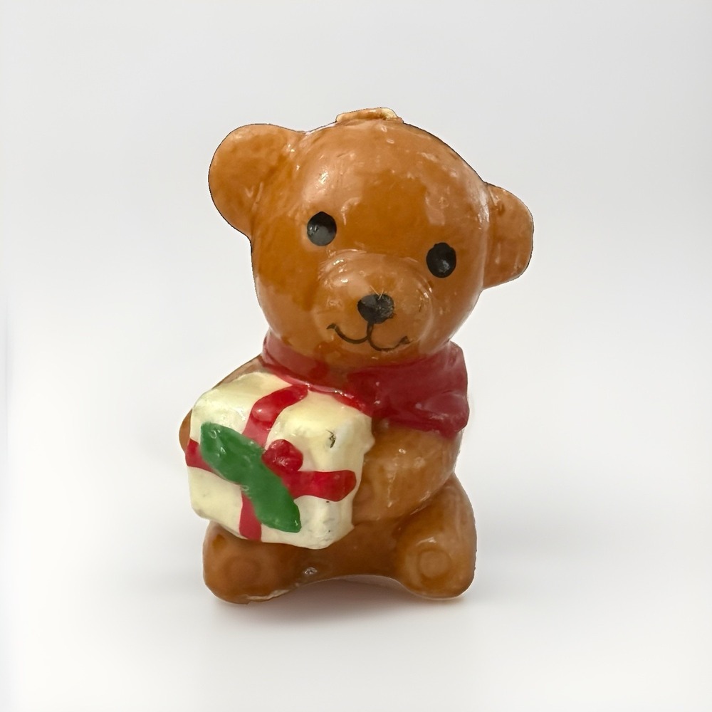 Vintage Christmas Bear with Present Christmas Holiday Candle EXCELLENT
